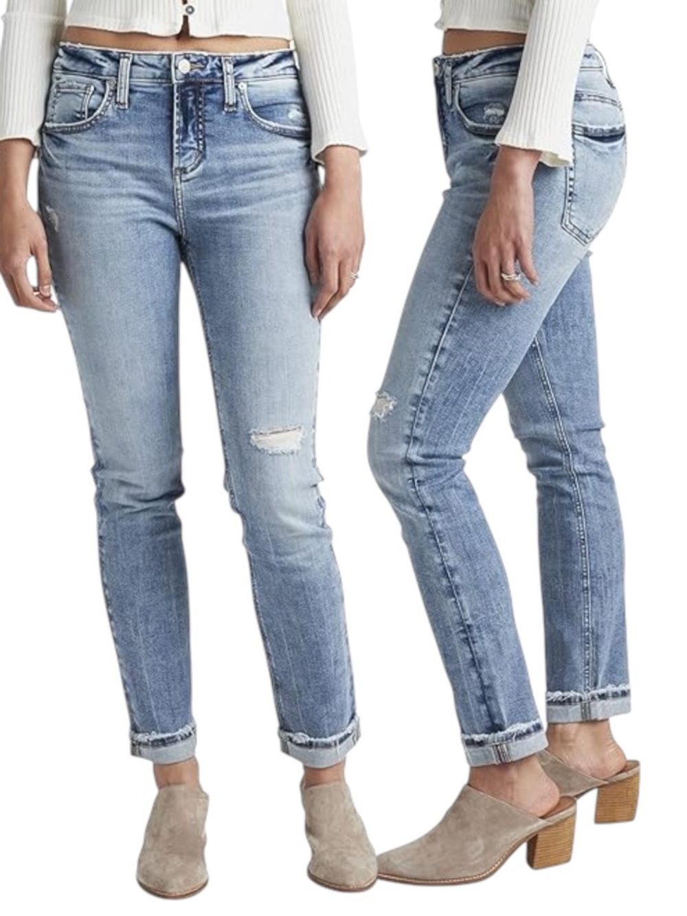 Silver Jeans Light Blue Distressed High-Rise Slim Straight Jeans